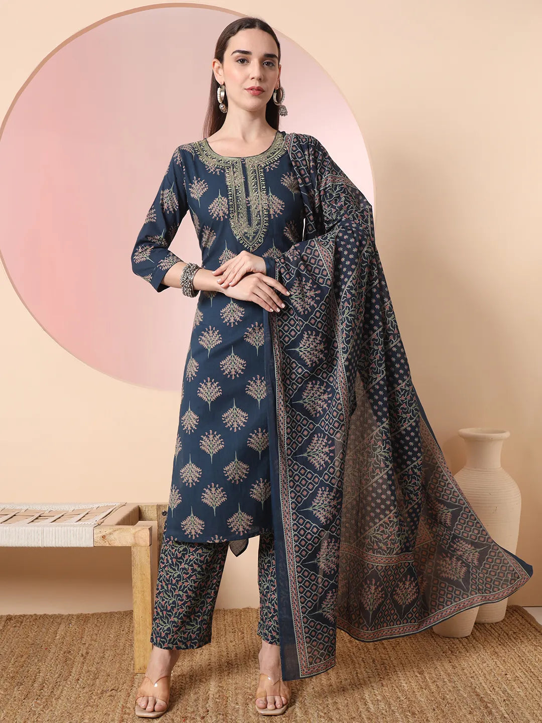 Yufta Teal Blue Pure Cotton Chikankari Straight Kurta Dupatta Pant Set Formal Dress Pants