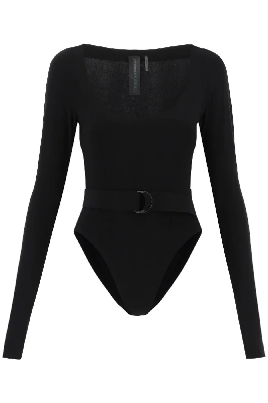 Norma Kamali Women's Belted Long-Sleeved Bodysuit Elegant Long Sleeve Bodysuit