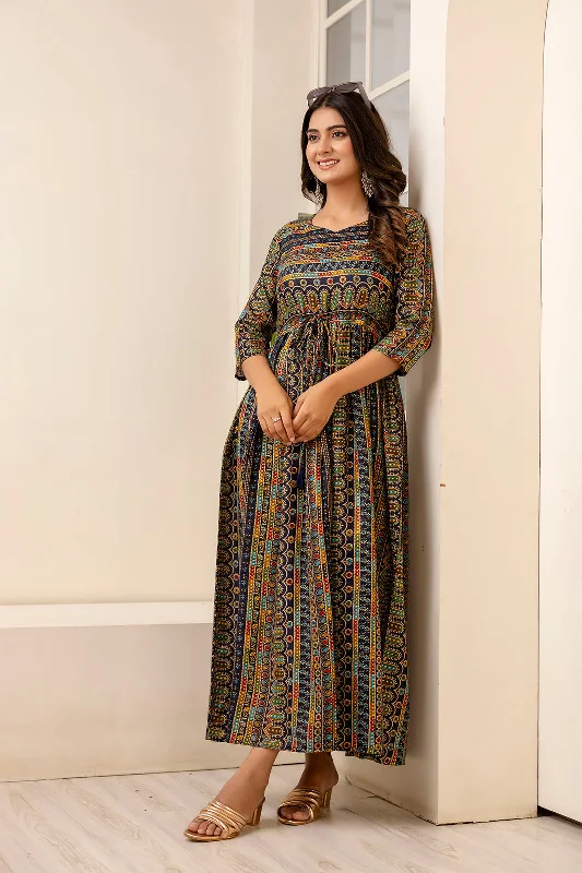 Women Black Ethnic Printed Flared Dress - Rasiya