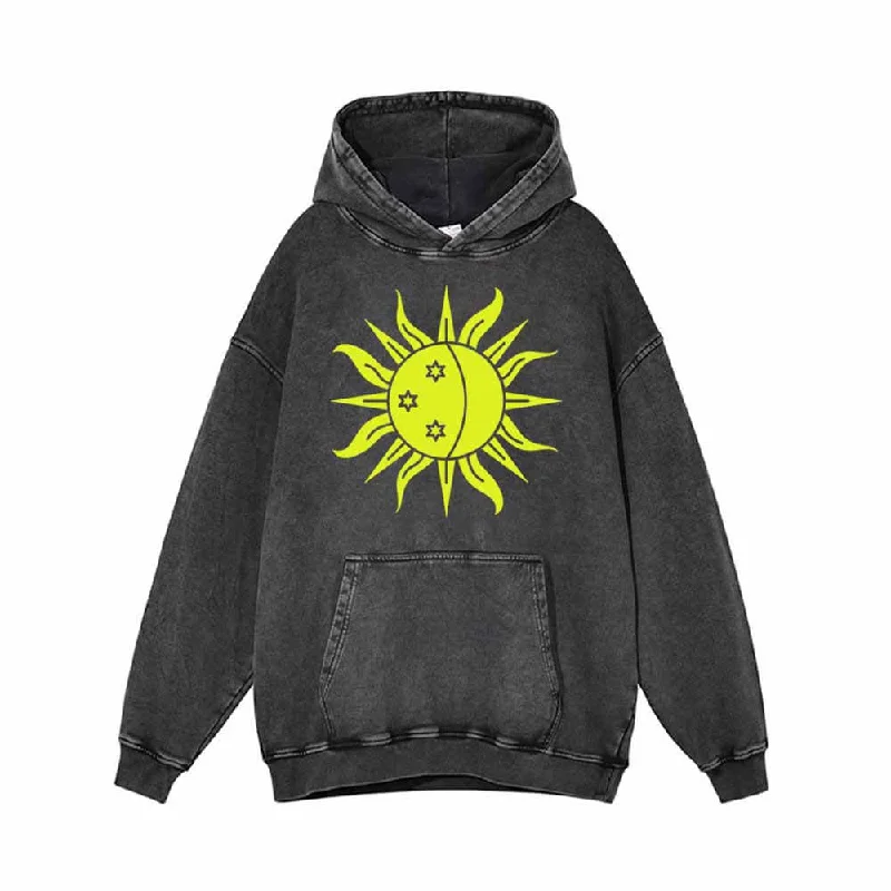 Shining Sun Moon Star Print Vintage Washed Hoodie Hooded Sweatshirt Casual Wear Street Style