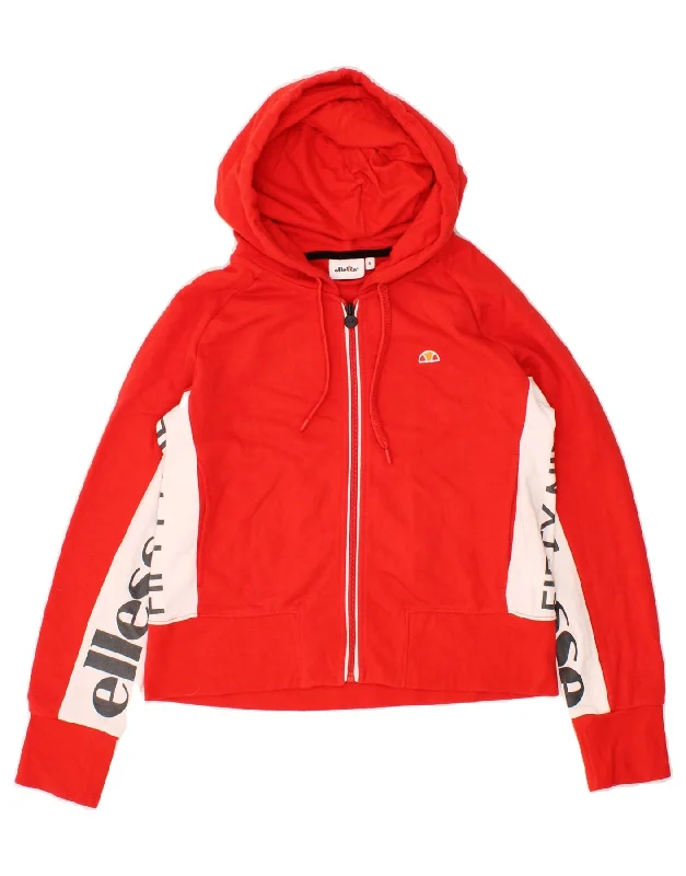 ELLESSE Womens Graphic Zip Hoodie Sweater UK 14 Medium Red Colourblock Welt Pockets Slit Pockets Flap Pockets
