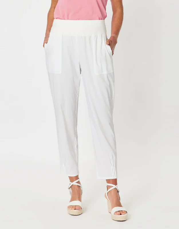Sarah Rib Waist Linen Pants - White Fashionable Button-Up Pants