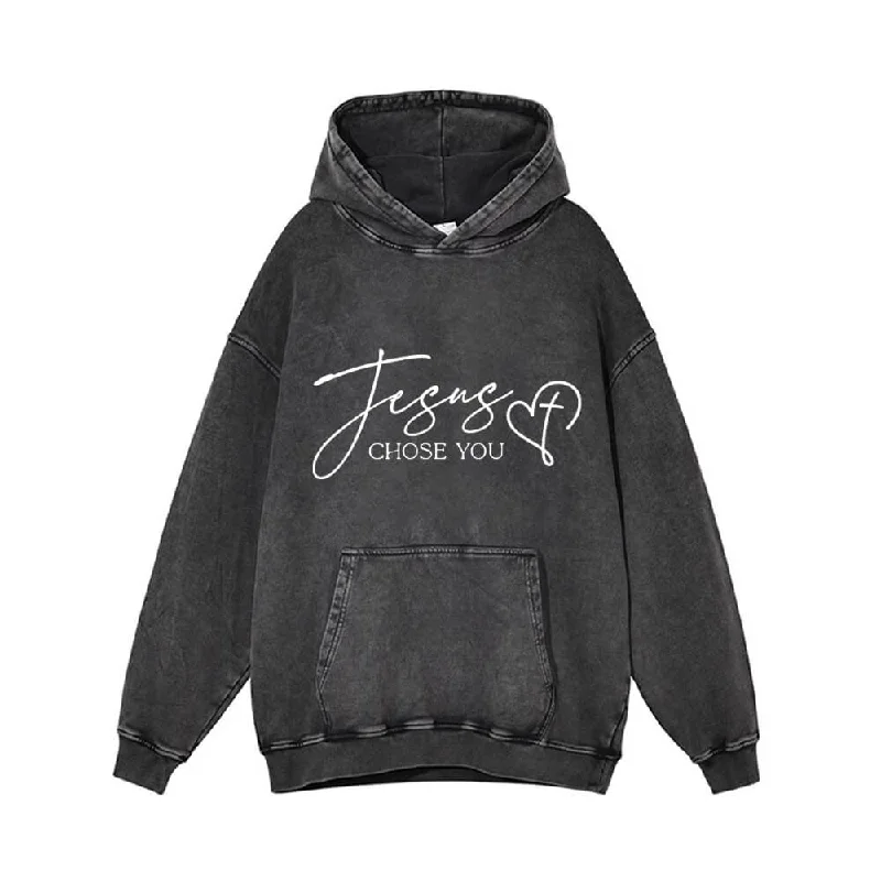 Jesus Chose You Christian Vintage Washed Hoodie Hoodie with Drawcord Adjustable Secure