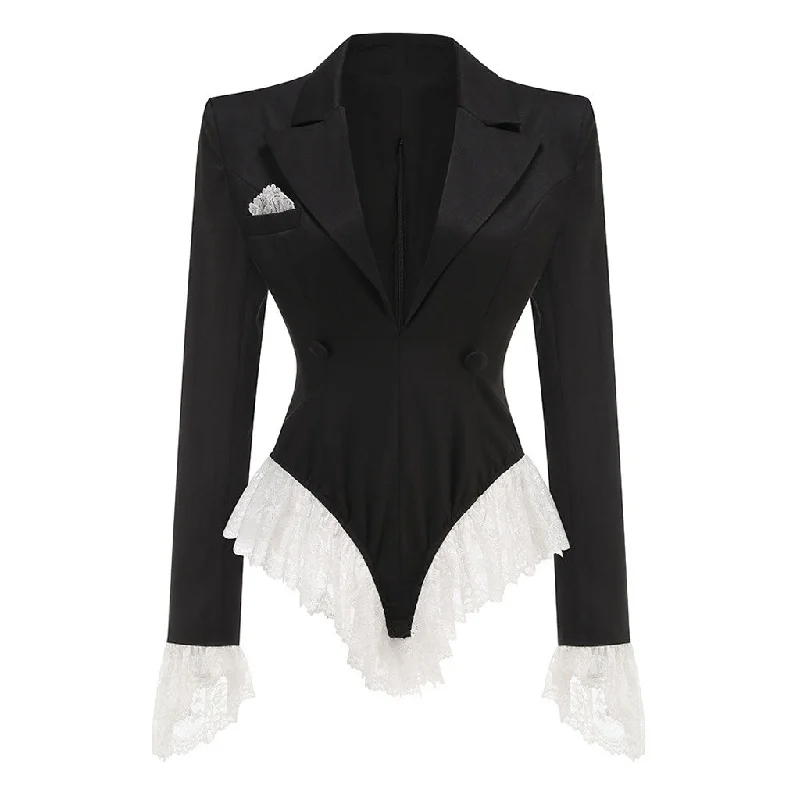 Vintage Strong Shoulder Long Sleeve Ruffle Lace Tailored Thong Bodysuit Elegant Bodysuit with Chiffon
