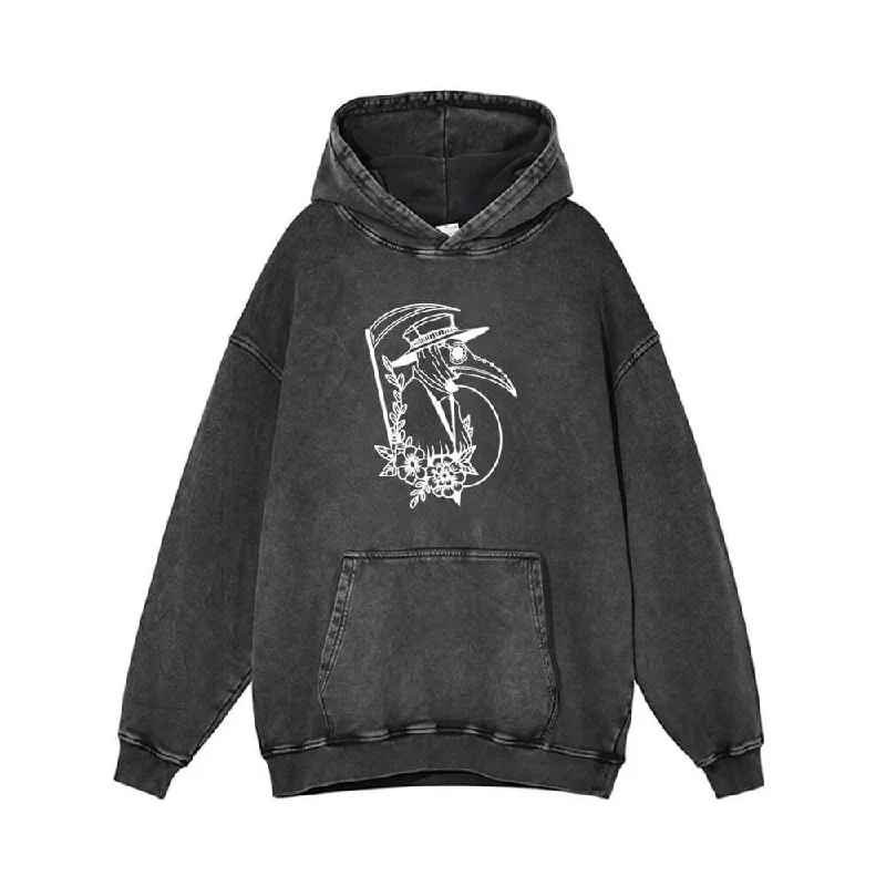 Death Sickle Plague Doctor Vintage Vintage Washed Hoodie Hoodie with Velcro Closure Adjustable Secure