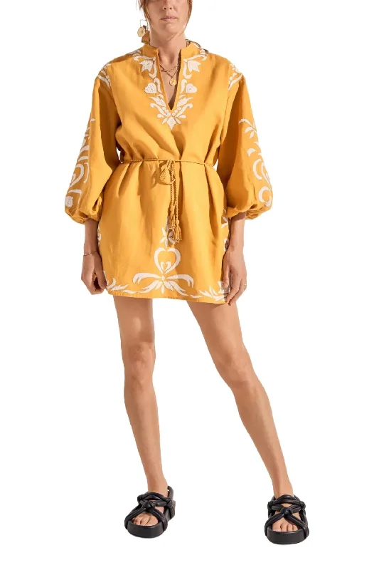 Hesiode Dress In Golden Yellow Appliqué
