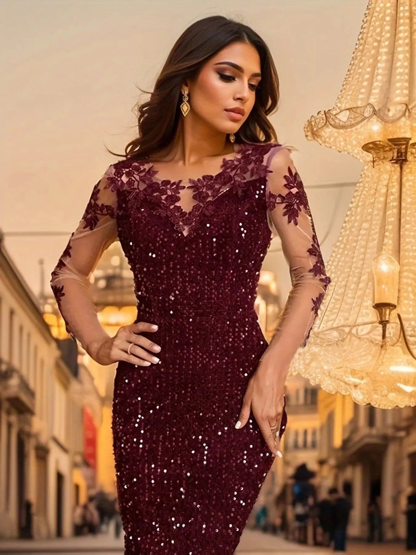 FZ Women's Hollow Out Lace Patchwork Sequin Maxi Evening Dress