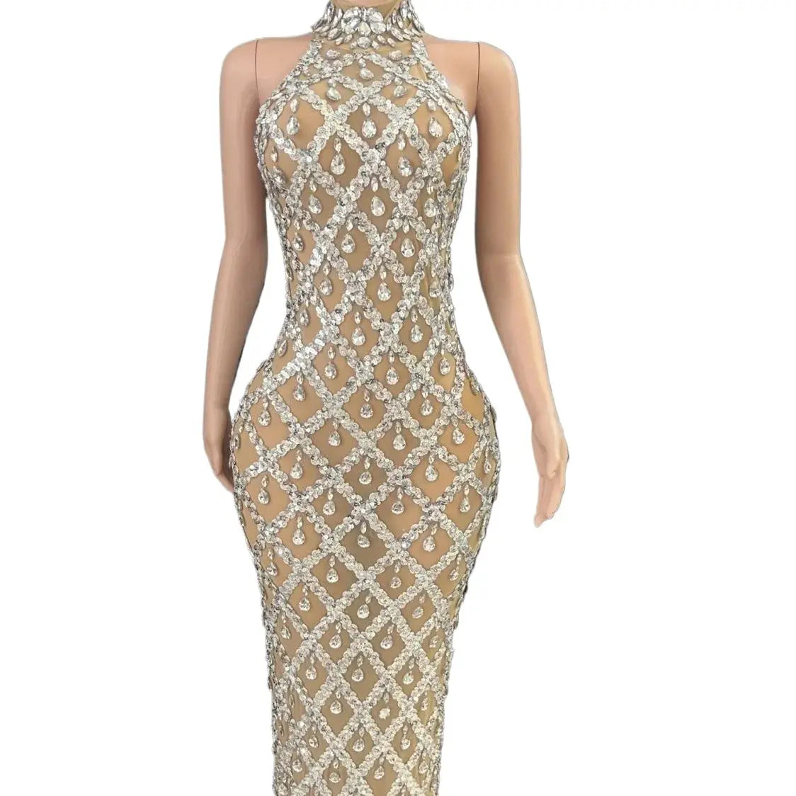 FZ Women's Rhinestone Sexy Mesh Perspective Plaid Evening Dress
