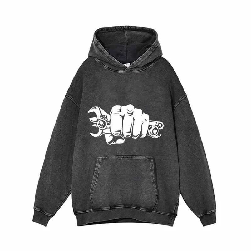 Wrenches Human Fist Vintage Washed Hoodie Hoodie with Hem Embroidery Detailed Premium