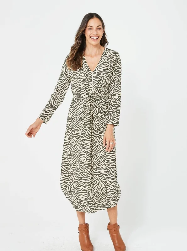 Women Long Sleeves Casual Holiday Green Print Stripes Dress - Alicia Dress