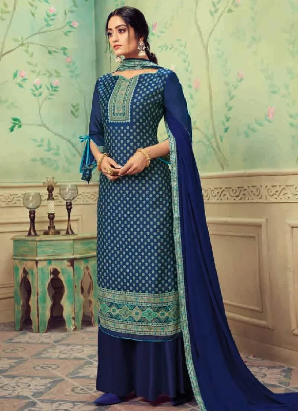 Blue Pure Hand Weaving Jaquard Palazzo Dress Tunics Luxurious high-end