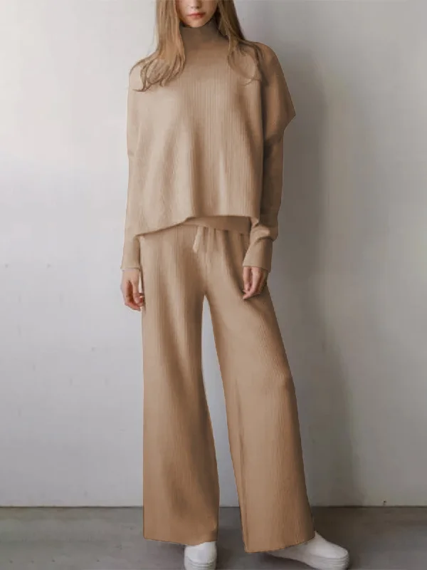 Minimalist Casual Two-Piece Sweater For Women Denim Fabric Leather Fabric Suede Fabric