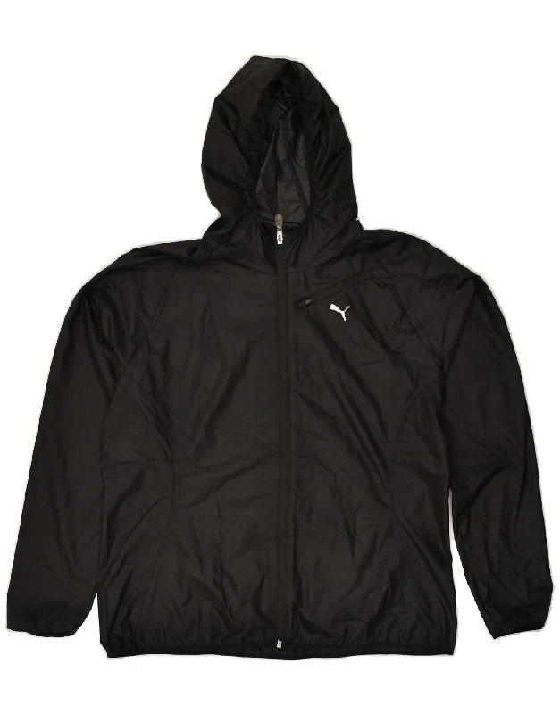 PUMA Womens Hooded Rain Jacket UK 16 Large Black Zippered Front Buttoned Front Snap Front