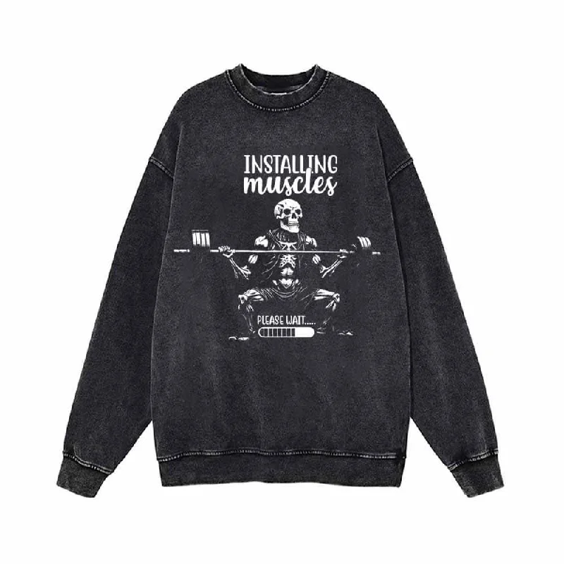 Installing Muscle Skeleton Barbell Vintage Washed Sweatshirt Hoodie with Set-In Sleeves Structured Classic