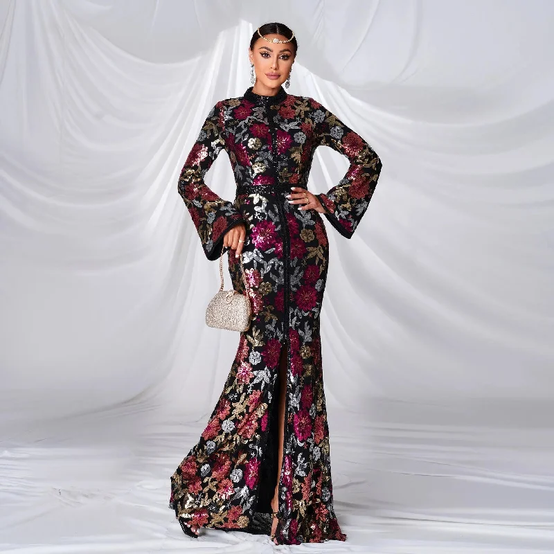 FZ Women's round Neck Cocktail Sequined Fishtail Evening Dress