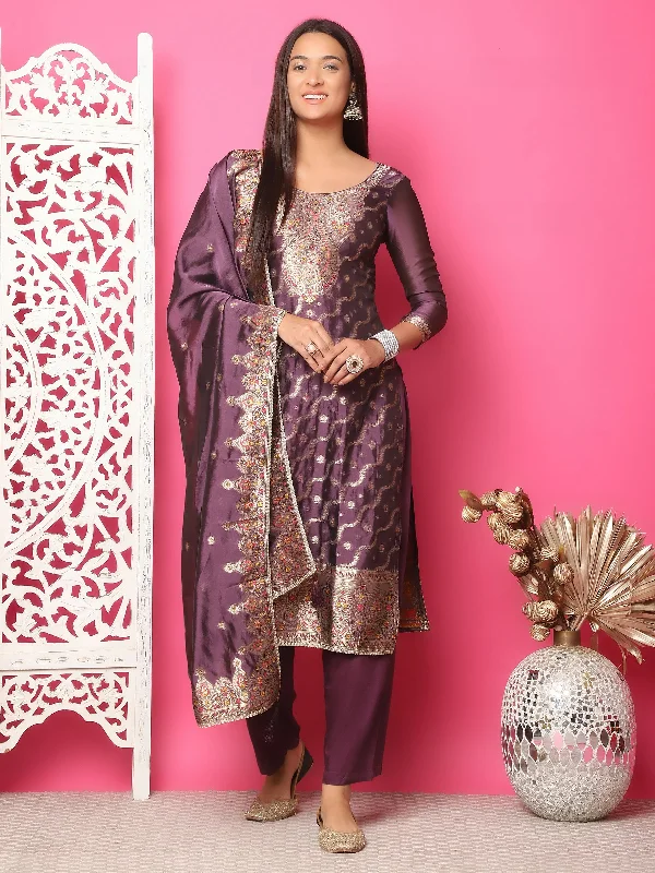 Women's Violet Silk Jacquard Dress Material - Stylee Lifestyle