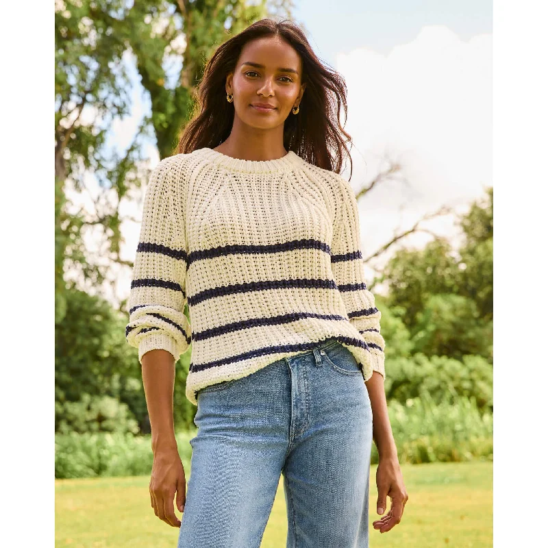 Tommy Bahama Women's Zoe Cotton Stripe Crew Sweater - Vanilla Ice Cable Knit Ribbed Knit Lace Knit
