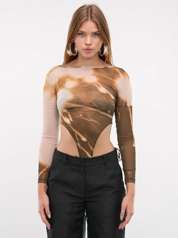 Abstract Print Bodysuit (BD08P2GR053-GREEN-ORANGE-PRINT) Fashionable Bodysuit with Long Sleeves