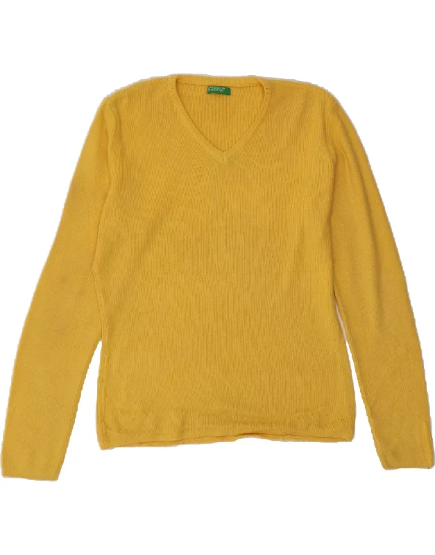 BENETTON Womens V-Neck Jumper Sweater UK 14 Medium Yellow Viscose Houndstooth Herringbone Solid