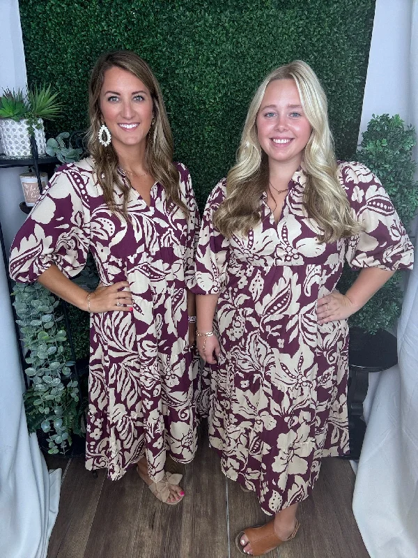FLORAL TWO-TONE PRINT TIERED DRESS W/BALLOON SLEEVE Tunics Print Colorful