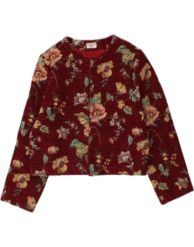 VINTAGE Womens Crop Blazer Jacket IT 42 Medium Maroon Floral Polyester Faux Fur Jacket Real Fur Jacket Shearling Jacket