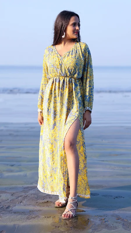 Noroke Vintage Crepe Yellow Vintage Printed Long Dress