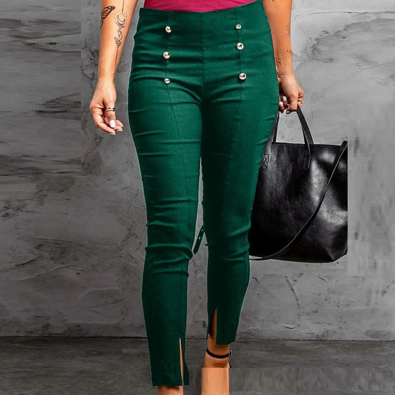 Women's Button-Front Elasticated Pencil Pants Casual Skinny Fit Pants