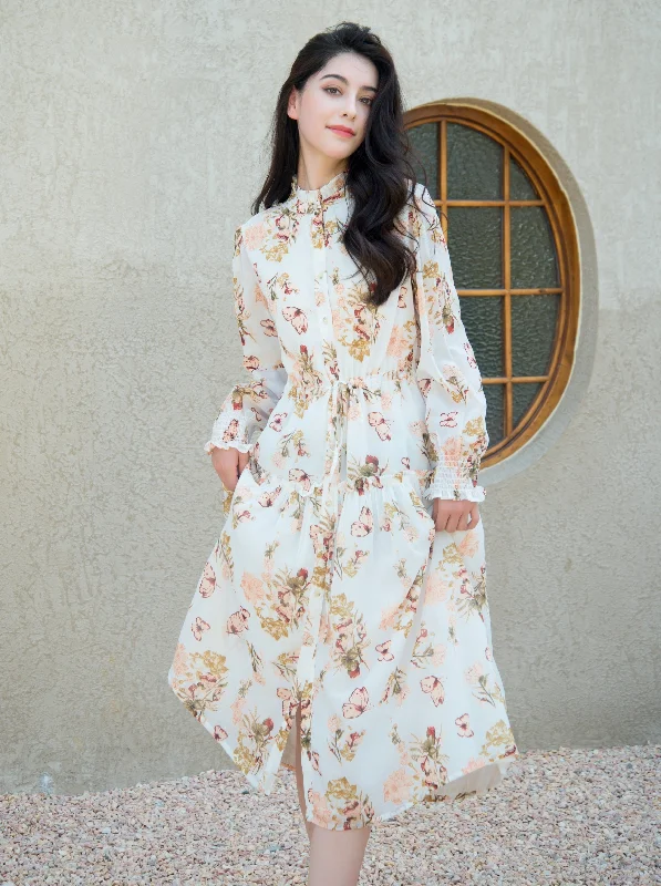 Winter Long Sleeves Dress Fully Cotton Lining Brown Floral Print Dress by Kaja Clothing- Maisy Dress