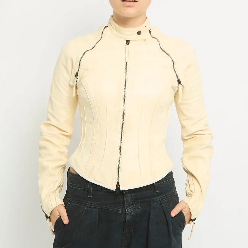 Leather Detachable Sleeves Motorcycle Style Jacket- UK 6 One-Shoulder Jacket Off-the-Shoulder Jacket Asymmetrical Jacket