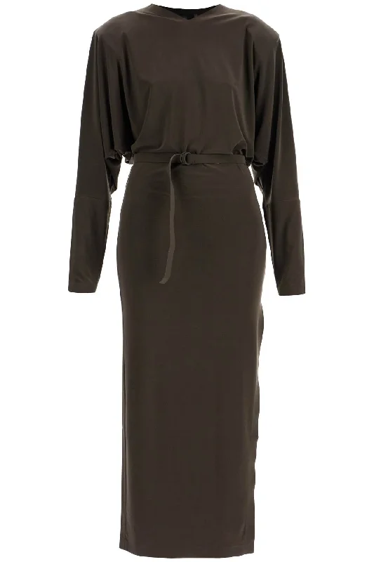 brown midi slim long dress with v-neck and side slit KK4243PLG64823 ESPRESSO