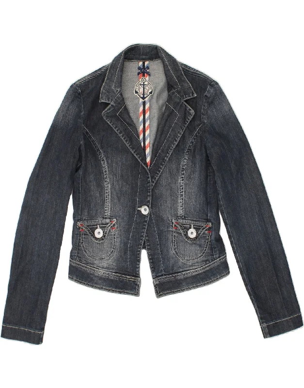 GUESS Womens Crop 1 Button Denim Blazer Jacket UK 12 Medium Blue Cotton Tailored Jacket Straight Jacket A-Line Jacket