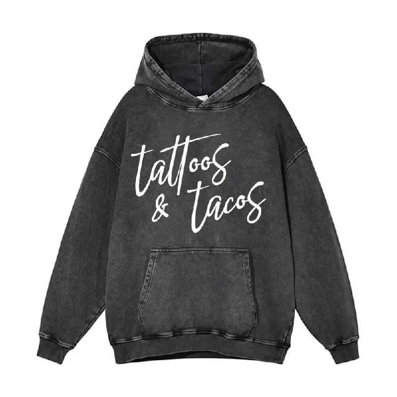 Vintage Washed Tattoos And Tacos Hoodie Hoodie with Frayed Bohemian Relaxed