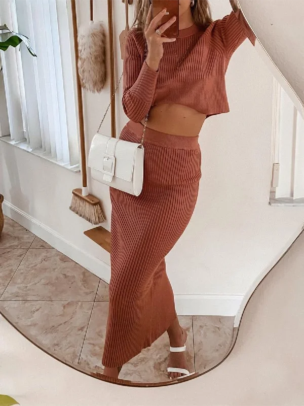 Fashion Round Neck Knitted Sweater Skirt Two-piece Sets Spandex Rayon Corduroy