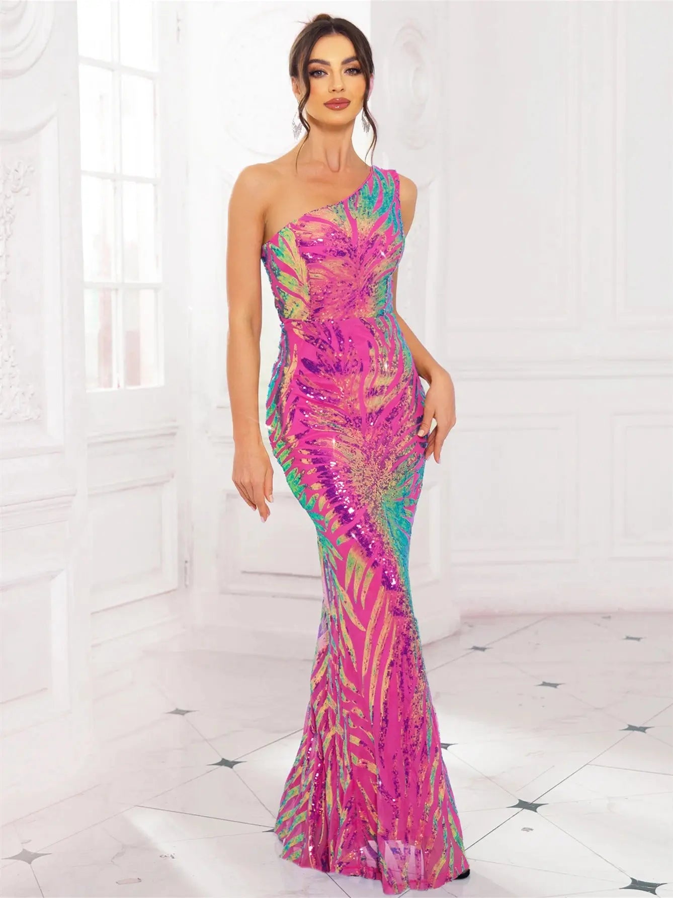 FZ Women's One Shoulder Sequin Sleeveless Maxi Evening Dress