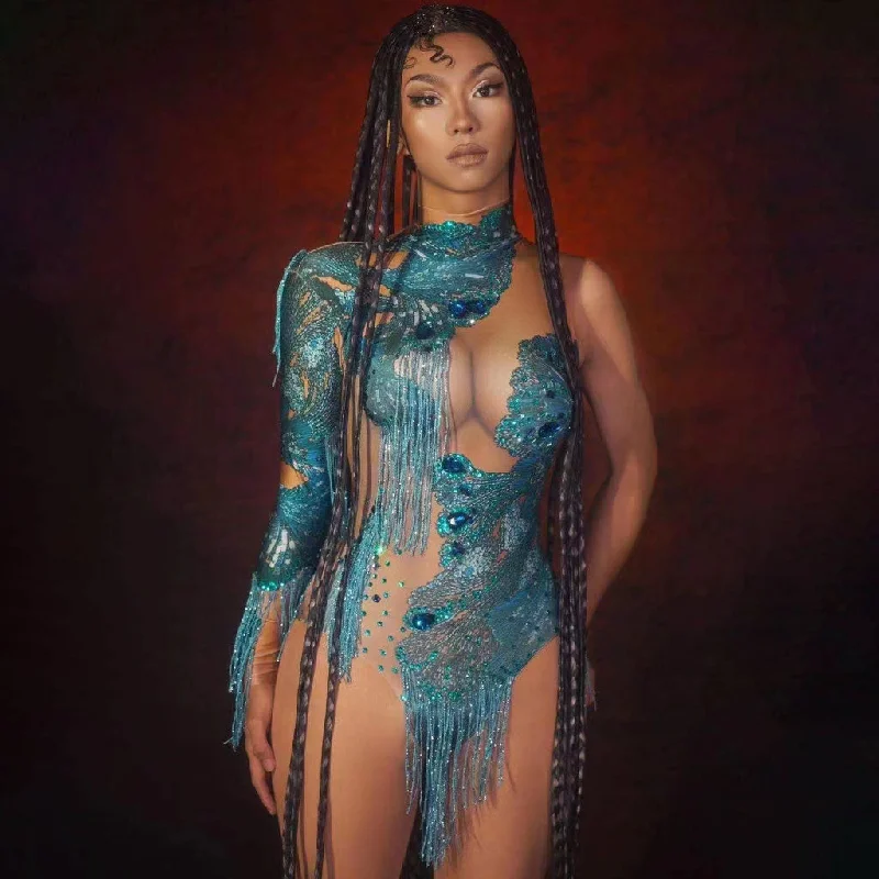 Opulent Diamante Peacock Print High Neck Singular Sleeve Fringe Bodysuit Fashionable Bodysuit for Date Night