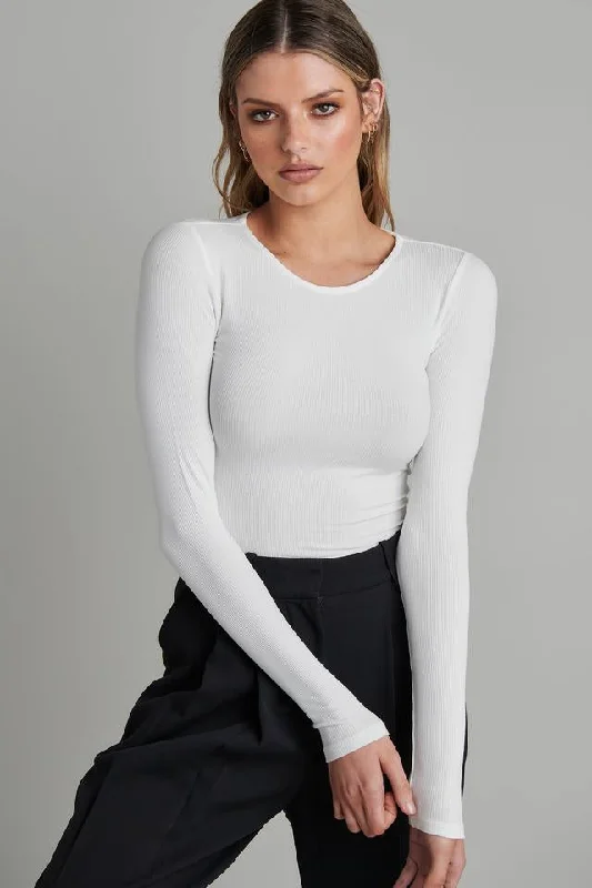 Bayse Brand WOMENS LONG SLEEVE CREW NECK BODYSUIT - WHITE Stylish High-Waisted Bodysuit