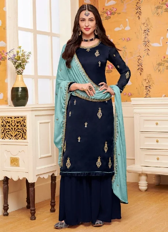 Navy Blue Satin Georgette Sharara Dress Tunics Office stylish