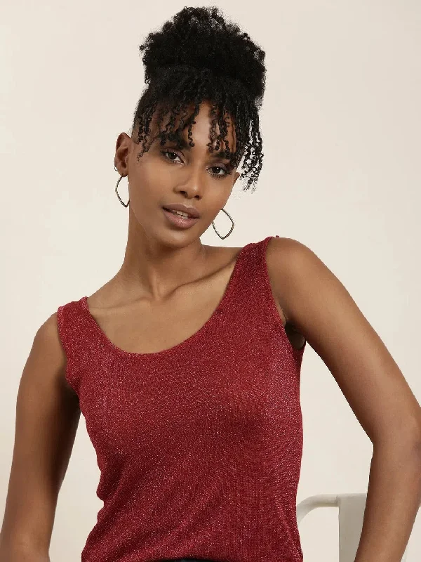 Scoop Neck Embellished Maroon Tank Regular Top-AN-9-Maroon strappy tank top