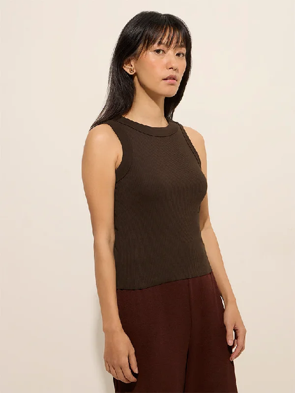 Superstar Brown Ribbed Textured Cotton Blend Tank Top boho tank top