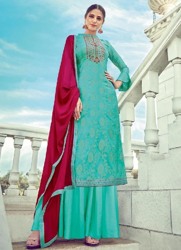 Sky Blue Pure Banarasi Jacquard Palazzo Dress Tunics Fashionable trendy