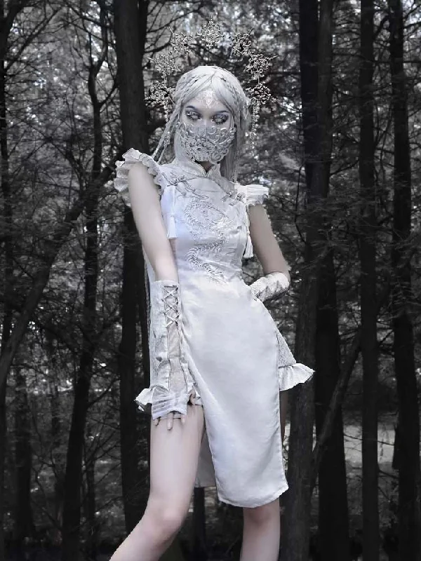 White Dragon Qipao Dress Tunics Bridal satin