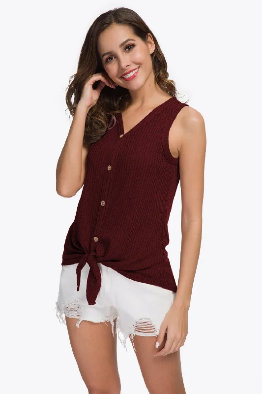 Buttoned V-Neck Ribbed Tank coral tank top