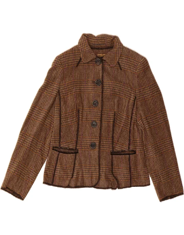 RENA LANGE Womens 5 Button Blazer Jacket UK 16 Large Brown Check Hooded Jacket Caped Jacket Shawl Collar Jacket
