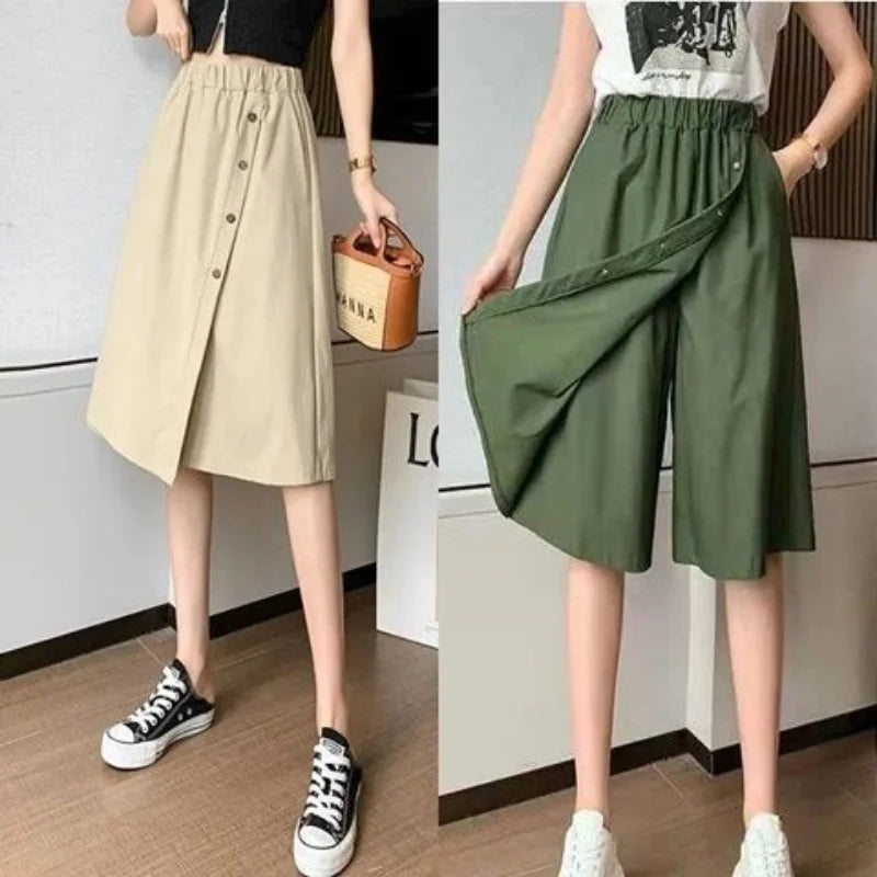 Women High Waist Irregular Knee Length Skirt Pants Office Lady's All-Match Loose Oversize Button Pockets Wide Leg Pants Elegant Comfortable Fleece Pants