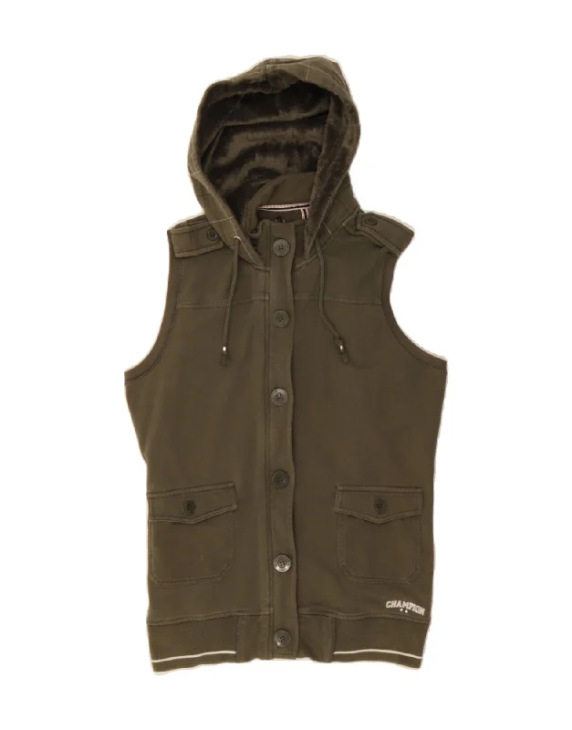 CHAMPION Womens Sleeveless Zip Hoodie Sweater UK 14 Large Khaki Cotton Real Fur Shearling Chenille