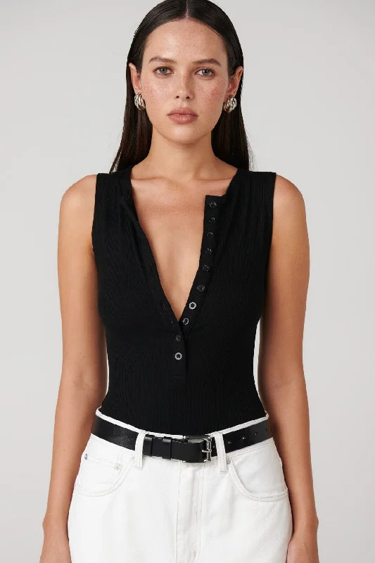 BAYSE BRAND Womens Aurora  Sleeveless Crew Neck Button Down Bodysuit - Black Trendy Mesh Bodysuit