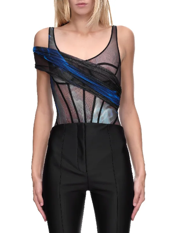 Sheer Corset Bodysuit (DK26BS-BLACK-BLUE) Stylish Draped Bodysuit