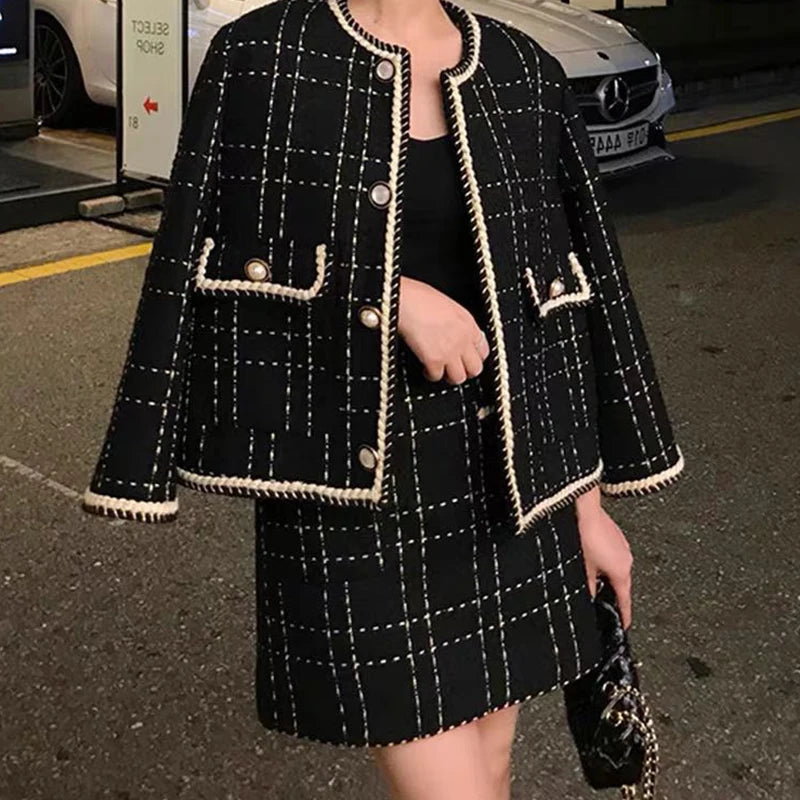 Women Fried Street Tweed Suit 2023 New Spring Autumn Wool Jacket + Skirt Female Fashion Loose Tweed Skirts Two-Piece Set Toggled Jacket Drawstring Jacket Belted Jacket