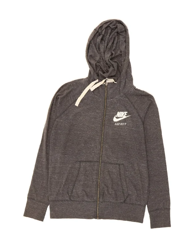 NIKE Womens Oversized Zip Hoodie Sweater UK 10 Small Grey Flecked Thin Thick Dense
