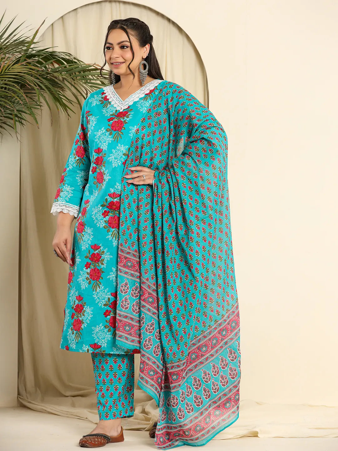 Yufta Pure Cotton Blue Kurta Dupatta Pant Set With Handwork Cozy Knit Pants